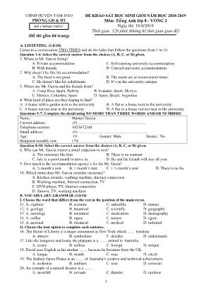 Đề khảo sát học sinh giỏi môn Tiếng Anh Lớp 8 - Vòng 2 - Năm học 2018-2019 - Phòng giáo dục và đào tạo huyện Tam Đảo (Có đáp án)